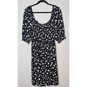 Draper James Floral Print Dress Navy Boho Blue Square Neck Smocked‎ Womens M